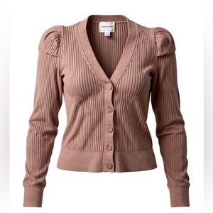 INDUSTRY Brown Cardigan Sweater Knit Ribbed V-Neck Puff Sleeve Size Medium